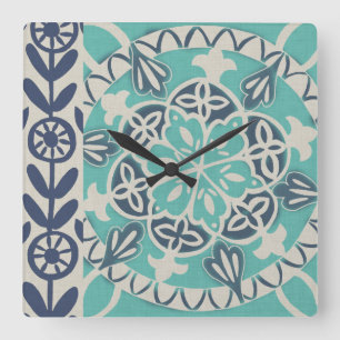 Blaue Batik-Fliese I Quadratische Wanduhr