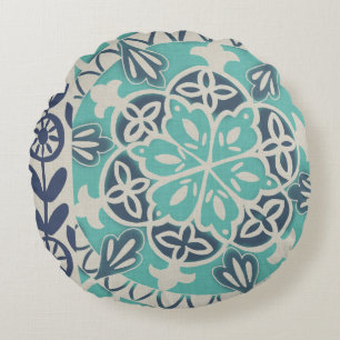Blaue Batik-Fliese I Rundes Kissen