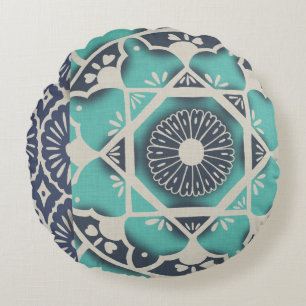 Blaue Batik-Fliese II Rundes Kissen