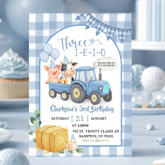 Blaue Bauernhoftiere Three-i-e-i-o 3. Geburtstag Einladung