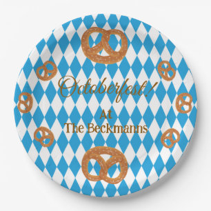 Blaue bayerische Oktoberfest-Brezeln personalisier Pappteller
