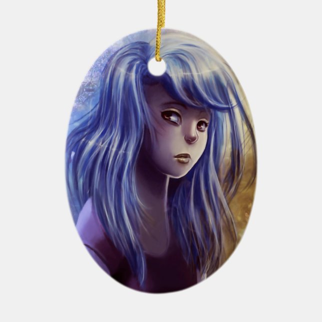 Blaue behaarte Mädchen-Verzierung Keramik Ornament (Vorne)