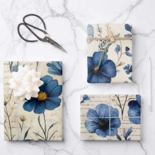 Blaue Beige-Aquarell-Blumen im Vintage-Antiquitäte Geschenkpapier Set