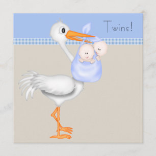Blaue Beige Gingham Storch Zwillings-Baby-Jungen-S Einladung