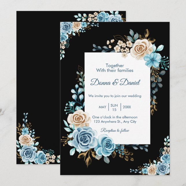 Blaue Beige Hochzeitskarte Einladung (Vorne/Hinten)