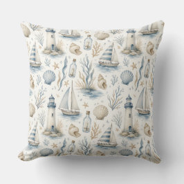 BLAUE & BEIGE MEERESSCHNECKEN LEUCHTTURM & SEGELBO KISSEN
