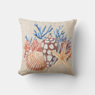 Blaue Beige Muscheln Seestern Koralle Küstenstrand Kissen