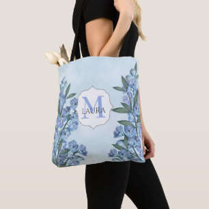 Blaue benutzerdefinierte Monogramm-Blumen-Botanik- Tasche