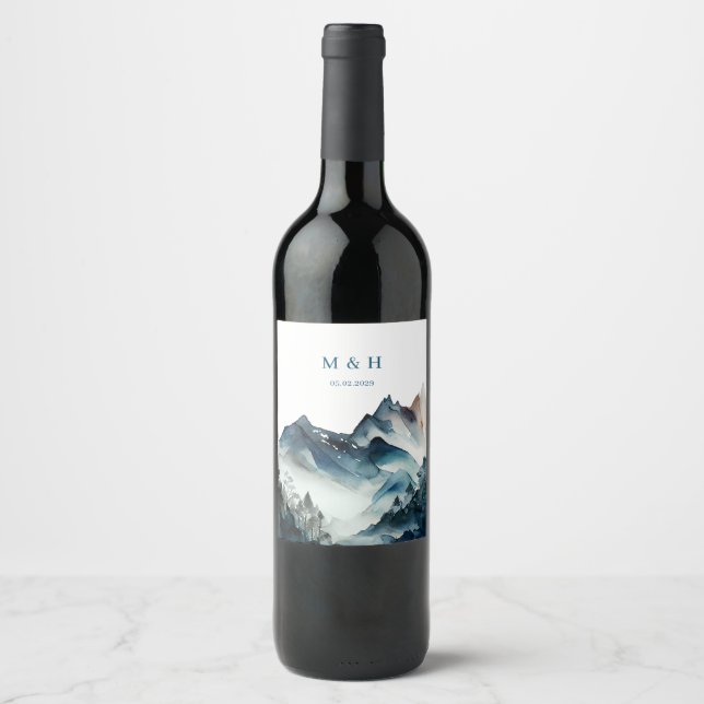 Blaue Berge Rustikale Hochzeit Weinetikett (Vorderseite)