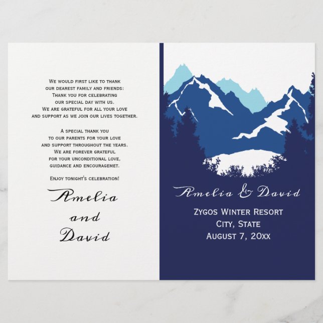 Blaue Berge und Koniferen gefaltet Hochzeitsprogra (Vorderseite)
