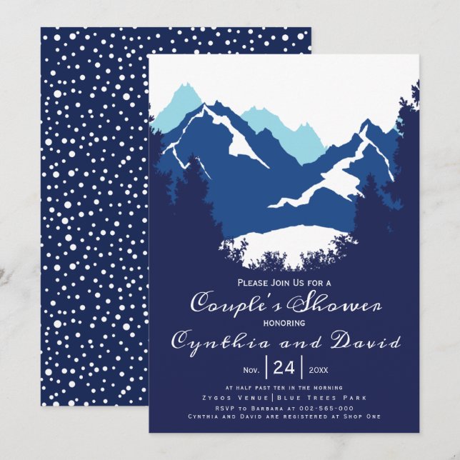 Blaue Berge und Koniferen Hochzeitspaare Dusche Einladung (Vorne/Hinten)