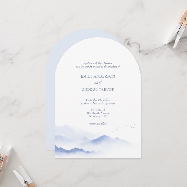 Blaue Berge und Vögel Einladung zum Hochzeitsmarsc (Vorderseite/Rückseite Beispiel)