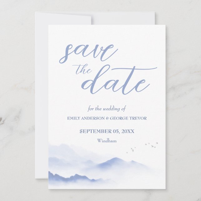 Blaue Berge und Vögel Hochzeit speichern das Datum Einladung (Vorderseite)