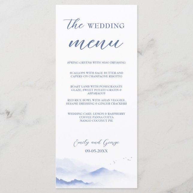 Blaue Berge und Vögel Hochzeitsmenü Menükarte (Vorderseite)