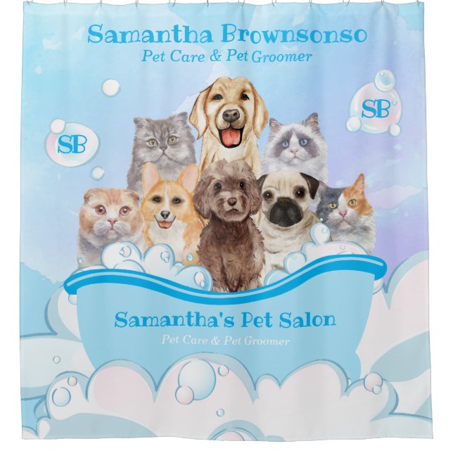Blaue Bläschen Hunde Katzen Wellness-Center Badewa Duschvorhang (Vorderseite)