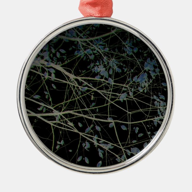 Blaue Blätter auf schwarz Silbernes Ornament (Vorne)