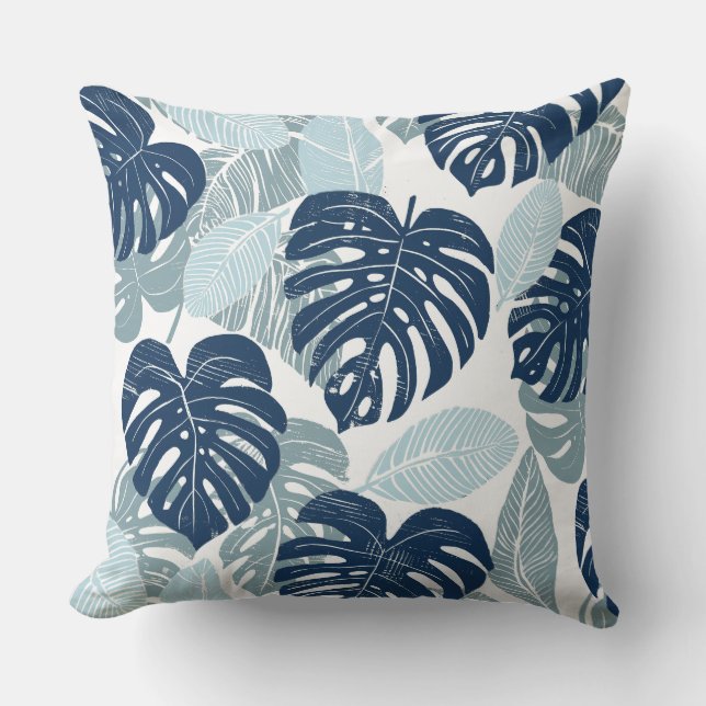 Blaue Blätter aus weißem Palm Kissen Kissen (Vorderseite)