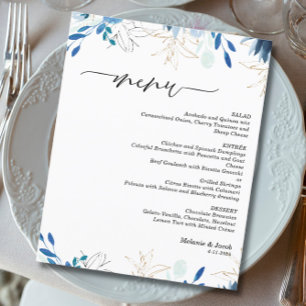 Blaue Blätter Elegante Hochzeits-Speisekarte Einladung