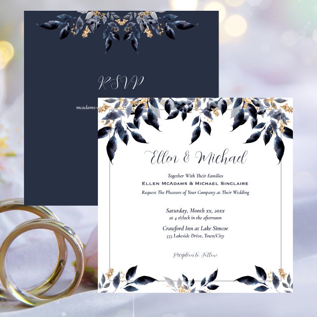 Blaue Blätter mit Goldhochzeit Einladung (Blue Leaves with Gold Wedding Invitation)