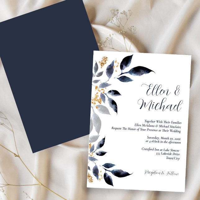 Blaue Blätter mit Goldhochzeit Einladung (Shades of Blue Leaves with Gold, Wedding Invitation)