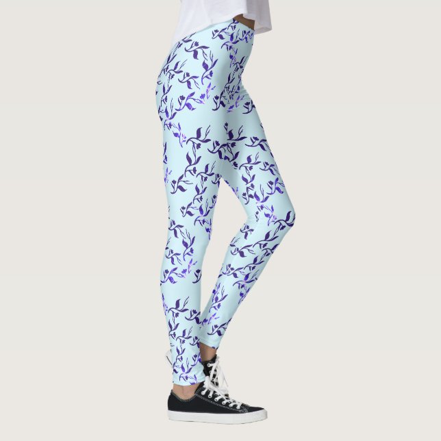 Blaue Blätter Muster Leggings (Rechts)