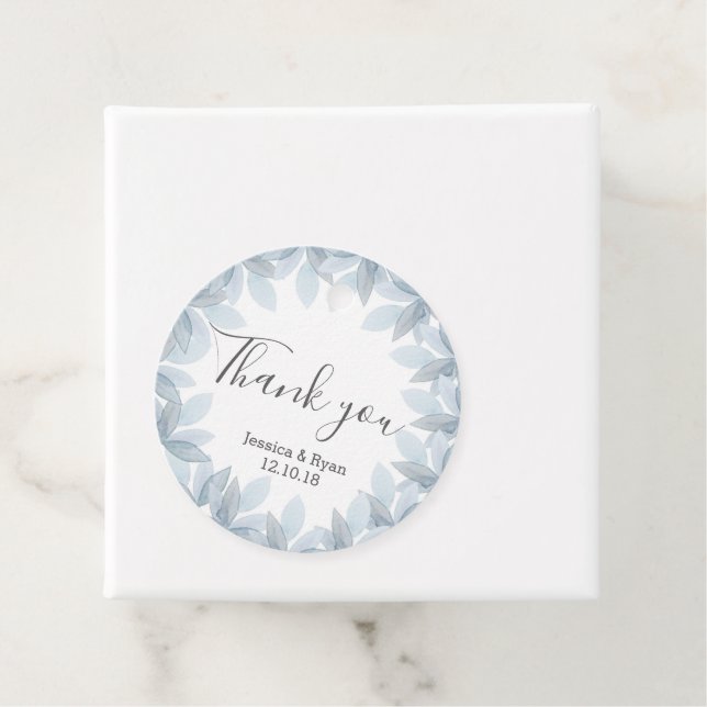 Blaue Blätter personalisierter Hochzeitkreis Gunst Geschenkanhänger (Beispiel)