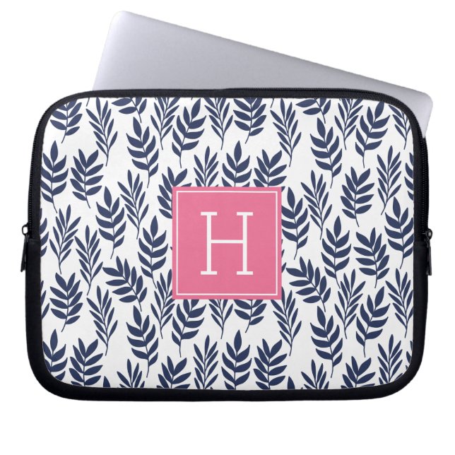 Blaue Blätter und rosa Monogramm Laptopschutzhülle (Vorderseite)