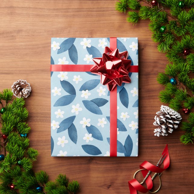 Blaue Blätter und weiße Blume Nahtloses Muster Geschenkpapier (Feiertagsgeschenk)