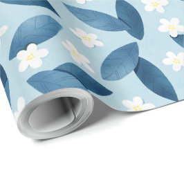 Blaue Blätter und weiße Blume Nahtloses Muster Geschenkpapier
