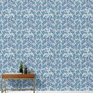 Blaue Blätter & Weiße Blumen Botanische Quadrate Tapete