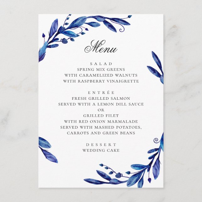 Blaue blaue Marineblau-Blattwerk Winterhochzeit Menükarte (Vorderseite)