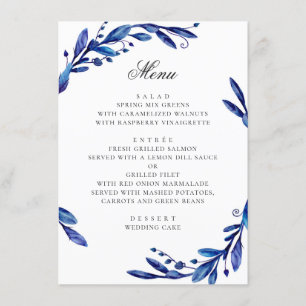 Blaue blaue Marineblau-Blattwerk Winterhochzeit Menükarte