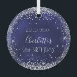 Blaue blaue Silbermedaille Glitzer Glitzern Ornament Aus Glas<br><div class="desc">Ein Ornament für einen gmädchenhaften und glamourösen 21. Geburtstag (oder jedes Alter). Ein marineblau Hintergrund mit Imitaten silbernen Glitzer,  Glitzern. Die blaue Farbe ist ungleichmäßig. Auf der Vorderseite: Personalisieren und fügen Sie ein Datum,  einen Namen und Alter.</div>