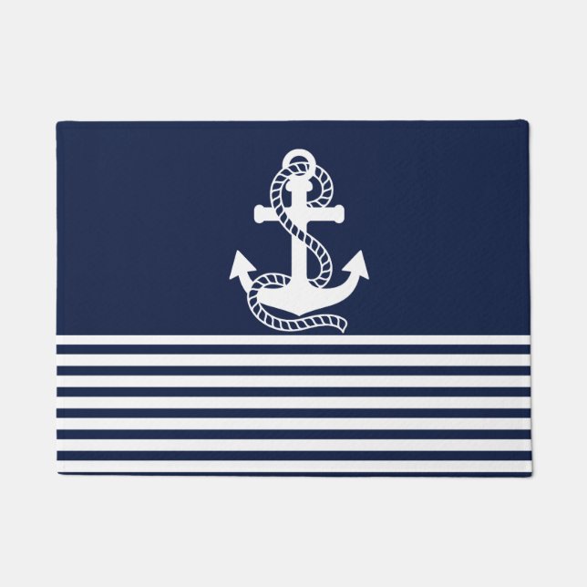 Blaue blaue Streifen und weißer Anker Fußmatte (Vorderseite)