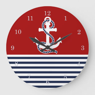 Blaue blaue Streifen und weißer Anker Große Wanduhr