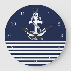 Blaue blaue Streifen und weißer Anker Große Wanduhr