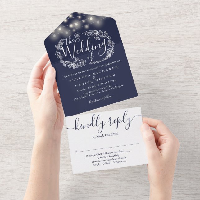 Blaue blaue String Lights Foliage Hochzeit All In One Einladung (Abreißen)