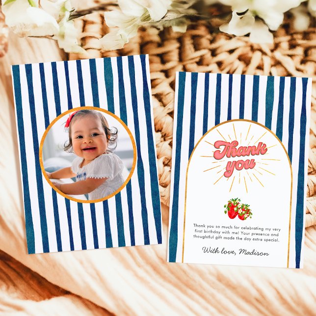 Blaue Blaugoldgelbe Birthday Foto Erdbeere Dankeskarte (Von Creator hochgeladen)