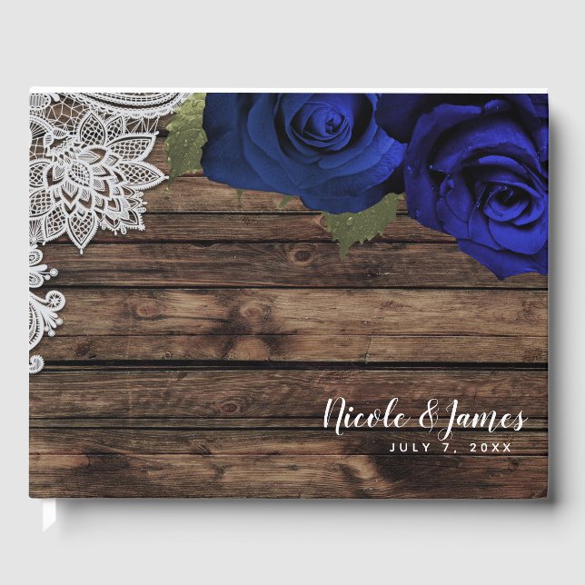 Blaue blühende Rose Rustikale Hochzeit aus Holz Gästebuch (Vorderseite)