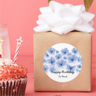 Blaue Blume Aquarell personalisierter Name Runder Aufkleber