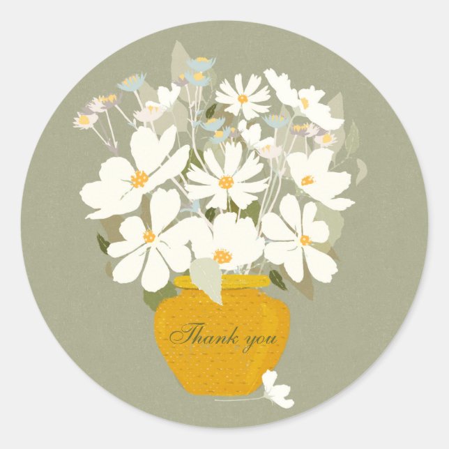 Blaue Blume Bouquet Gold Vase Danke Clas Runder Aufkleber (Vorderseite)
