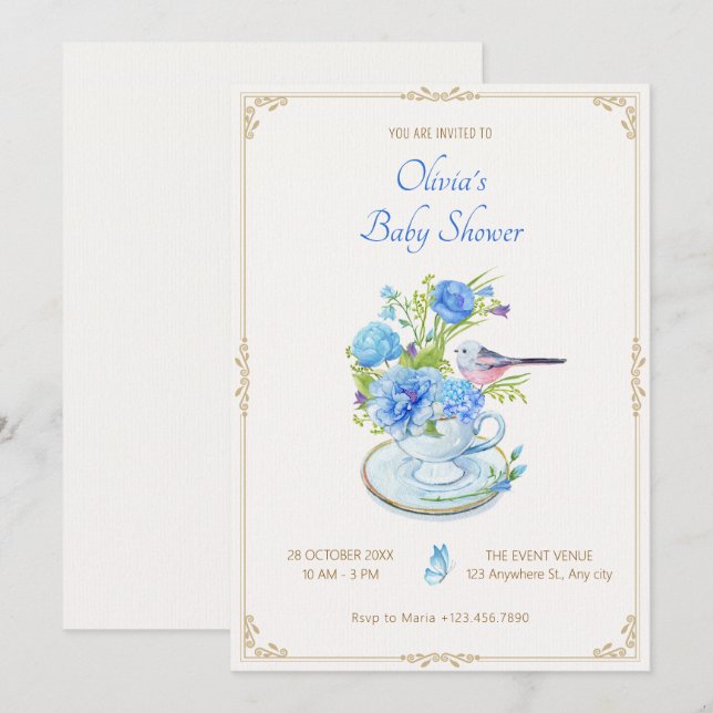 Blaue Blume-Bouquet-Vogel-Babydusche Einladung (Vorne/Hinten)