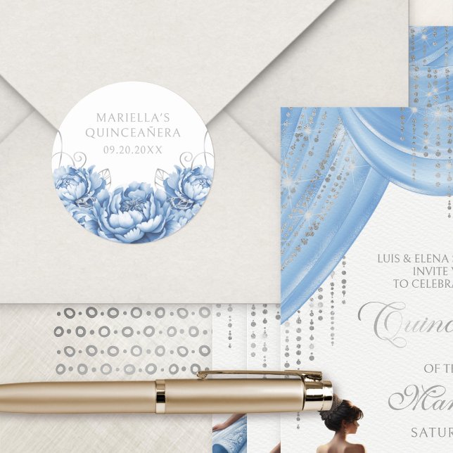 Blaue Blume Elegante Quinceanera Runder Aufkleber (Von Creator hochgeladen)