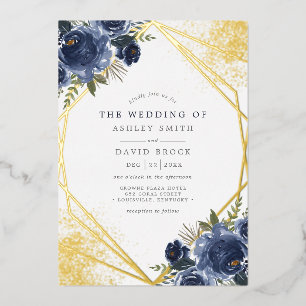 Blaue Blume Gold Geometric Moderne Hochzeit Folieneinladung