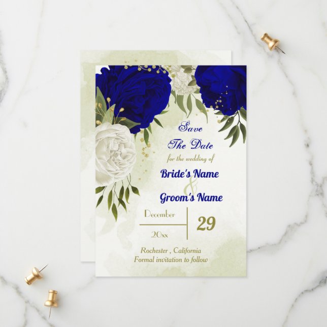 Blaue Blume, grüne Blätter Save The Date (Vorderseite/Rückseite Beispiel)