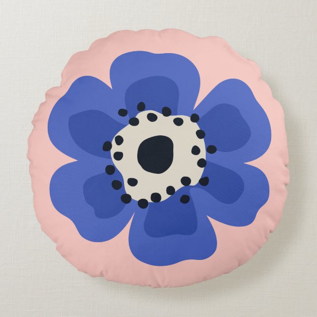 Blaue Blume hellrosa Rundes Kissen (Vorderseite)