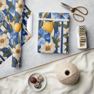Blaue Blume-Limonen-Streifen Elegant Geschenkpapier