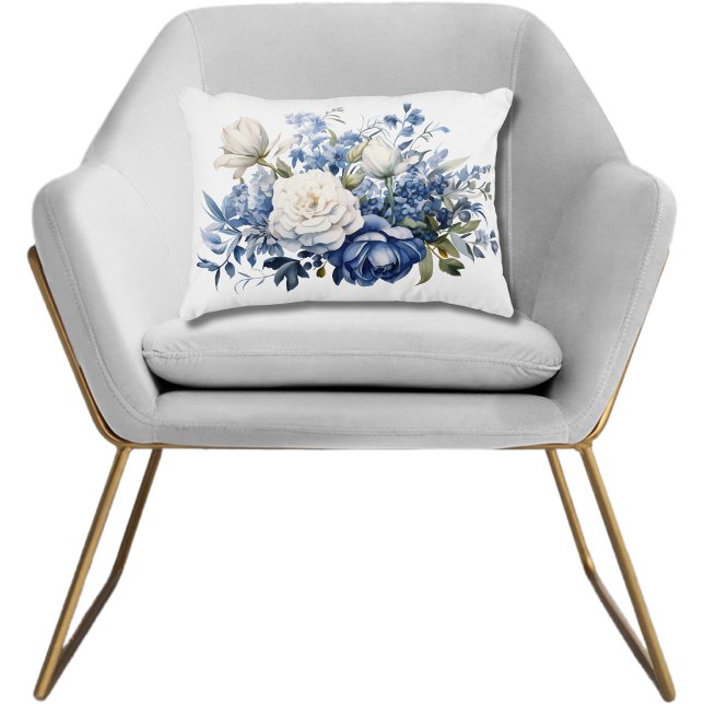 Blaue Blume mit Blumen Dekokissen (Blue White Floral Flowers Watercolor Accent Pillow. Lumbar Rectangular Pillow. Bedroom Pillow)