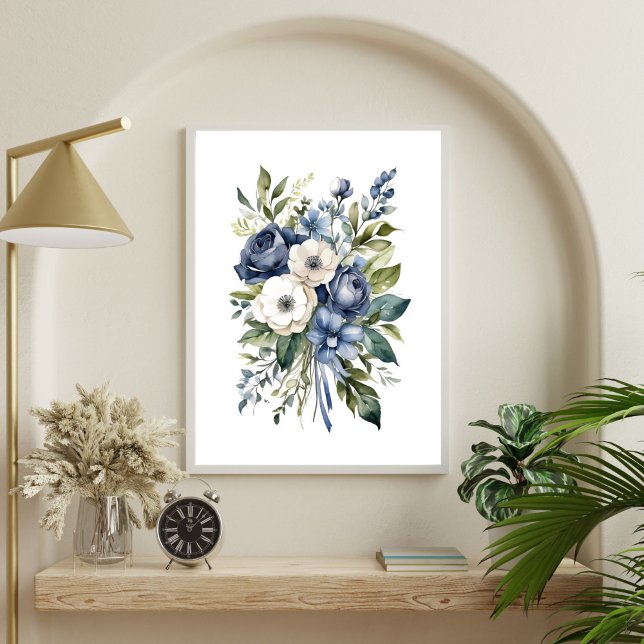 Blaue Blume mit Blumen Poster (Blue White Floral Greenery Watercolor Wall Art Poster Print. Digital Download or Printed by Zazzle)
