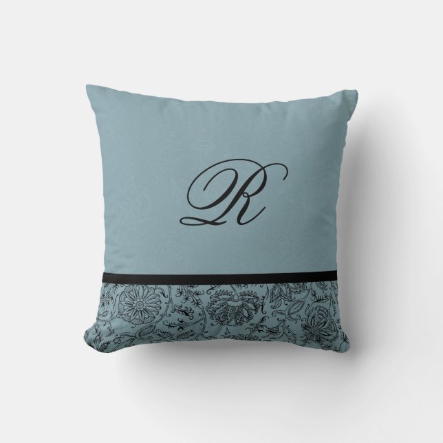 Blaue Blume Monogram, kundenspezifischer Baumwollk Kissen (Vorderseite)